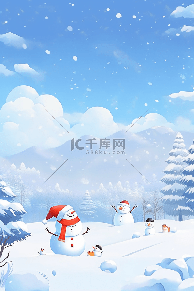 冬天手绘海报雪人松树插画