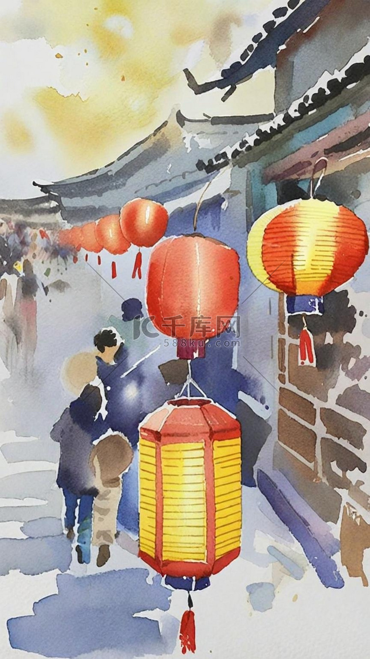 水彩水墨传统喜庆新年插画