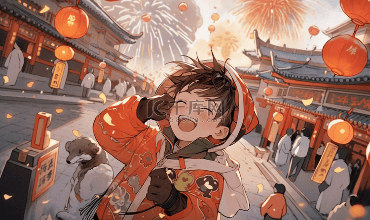 可爱男孩新年烟花中国风插画