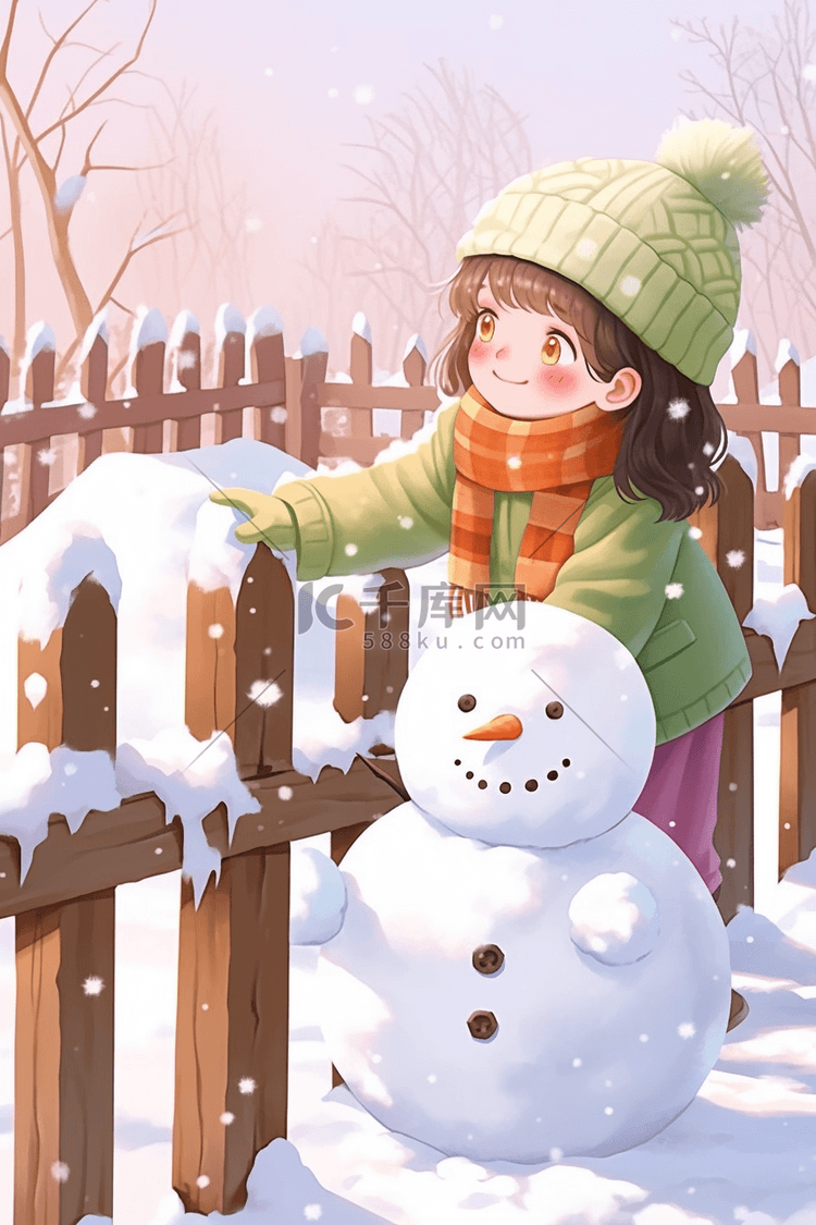 手绘女孩堆雪人海报冬天插画