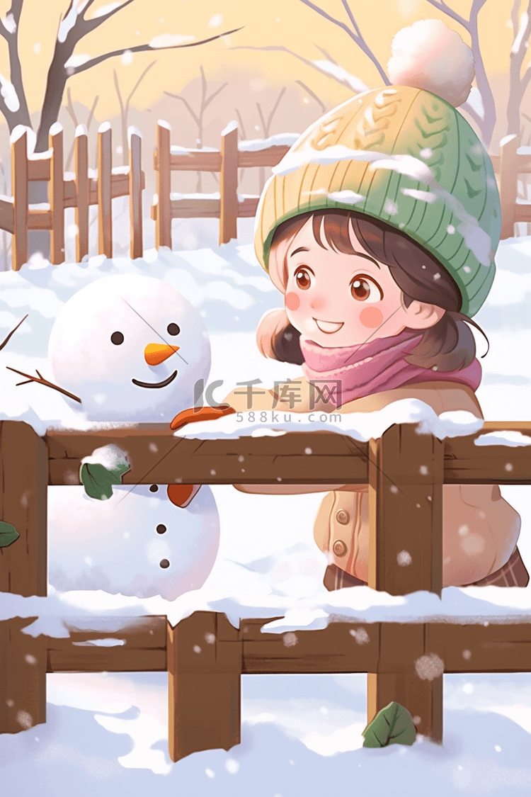 海报插画冬天手绘女孩堆雪人