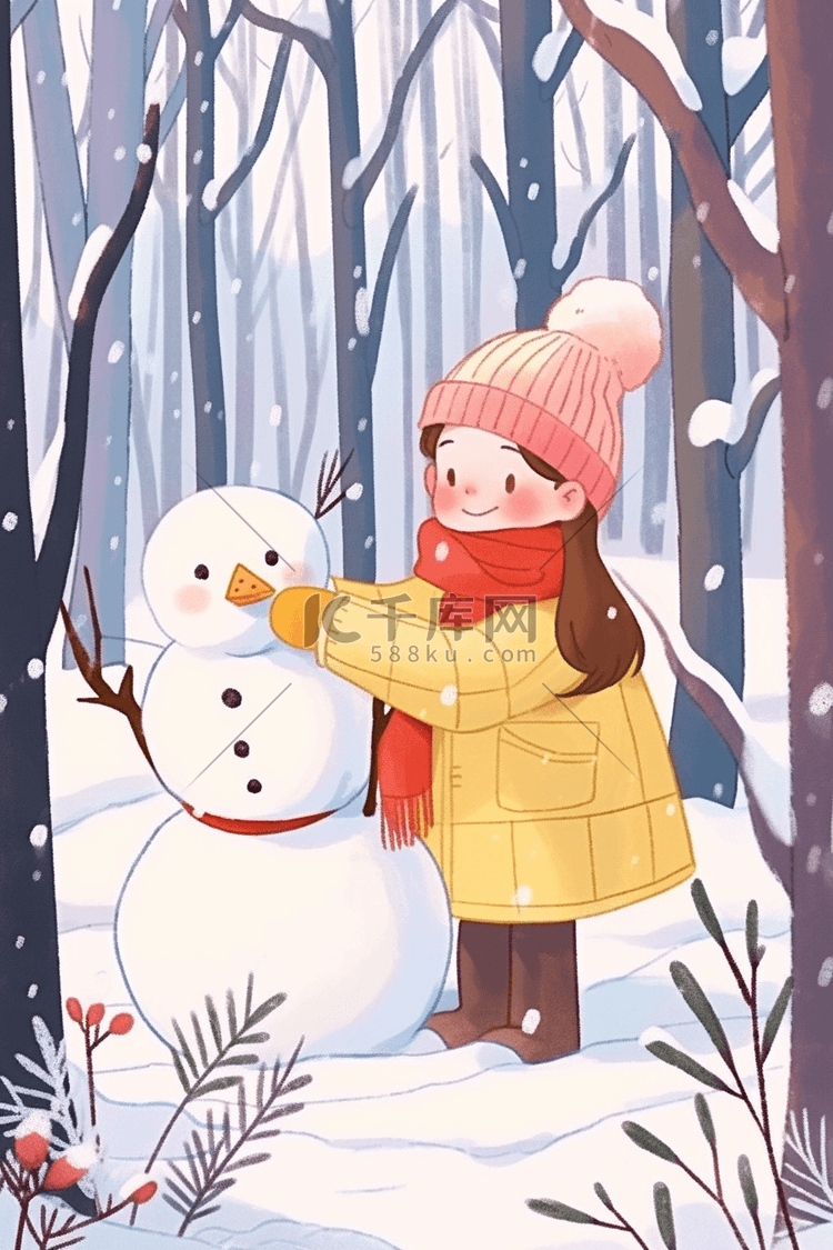 冬天女孩堆雪人唯美插画卡通海报