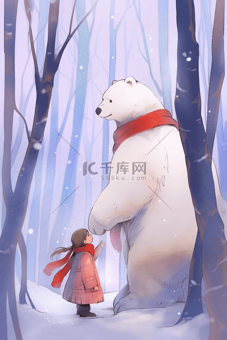冬天女孩唯美北极熊插画海报