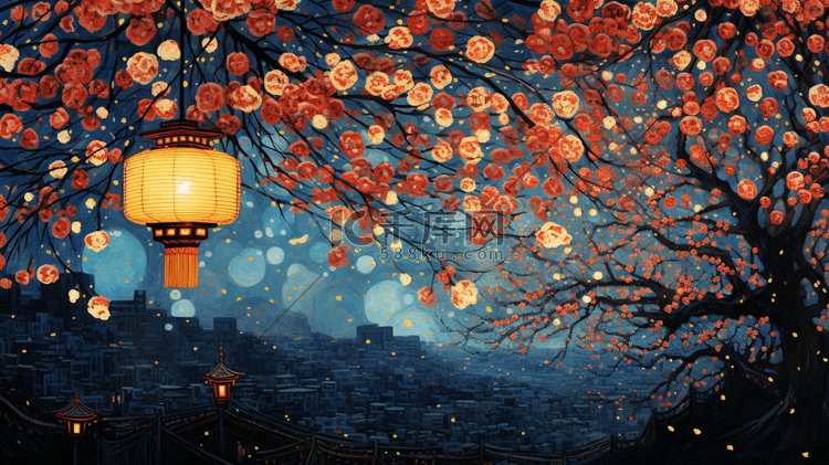 红色梵高画风夜晚风景插画5