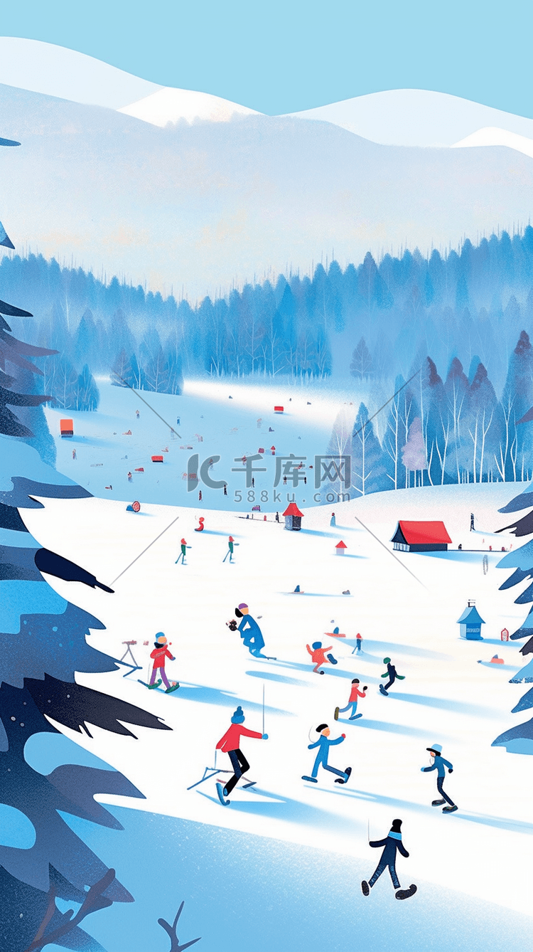 海报滑雪场滑雪玩耍冬天手绘插画
