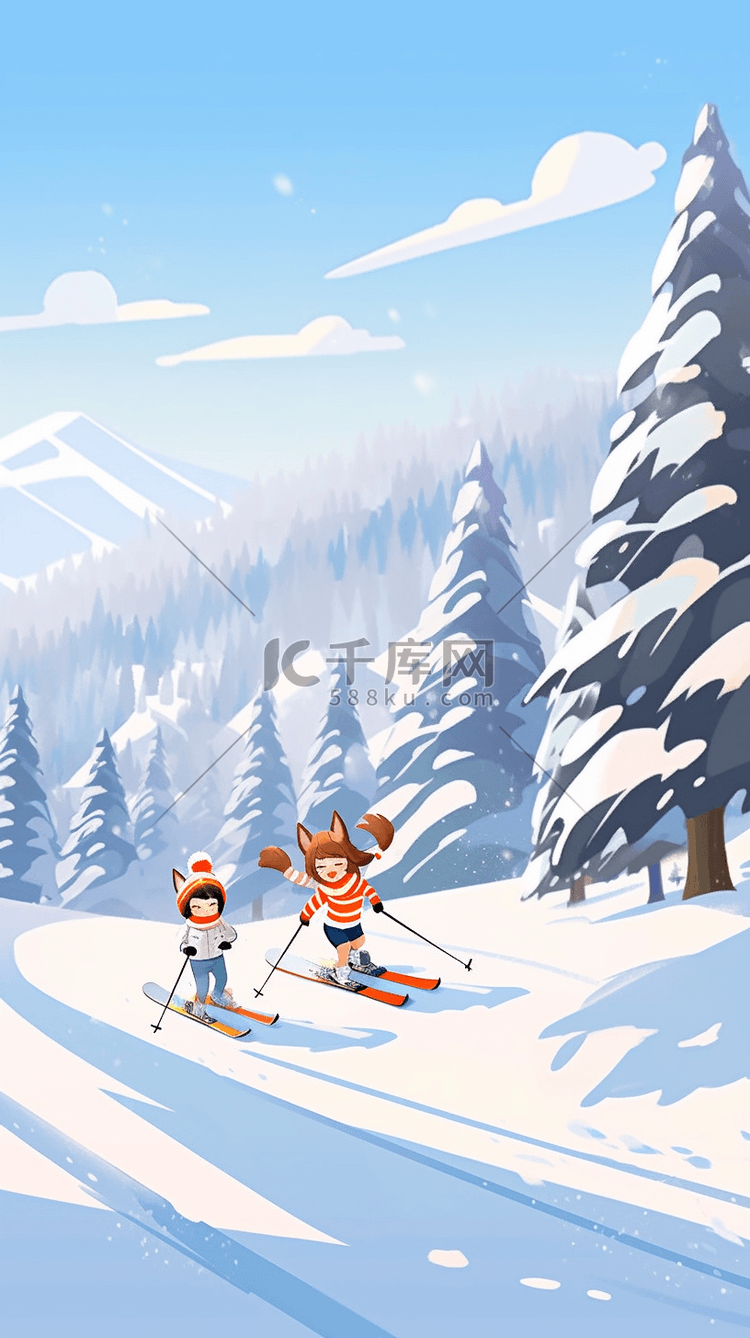 手绘冬天滑雪插画海报