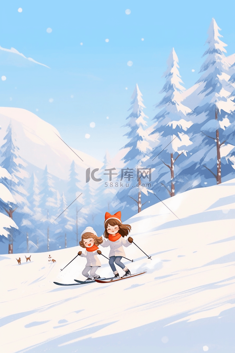 滑雪插画手绘海报冬天