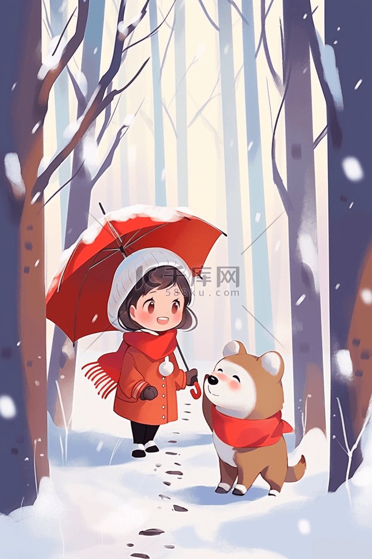 雪地里女孩小熊手绘冬天插画