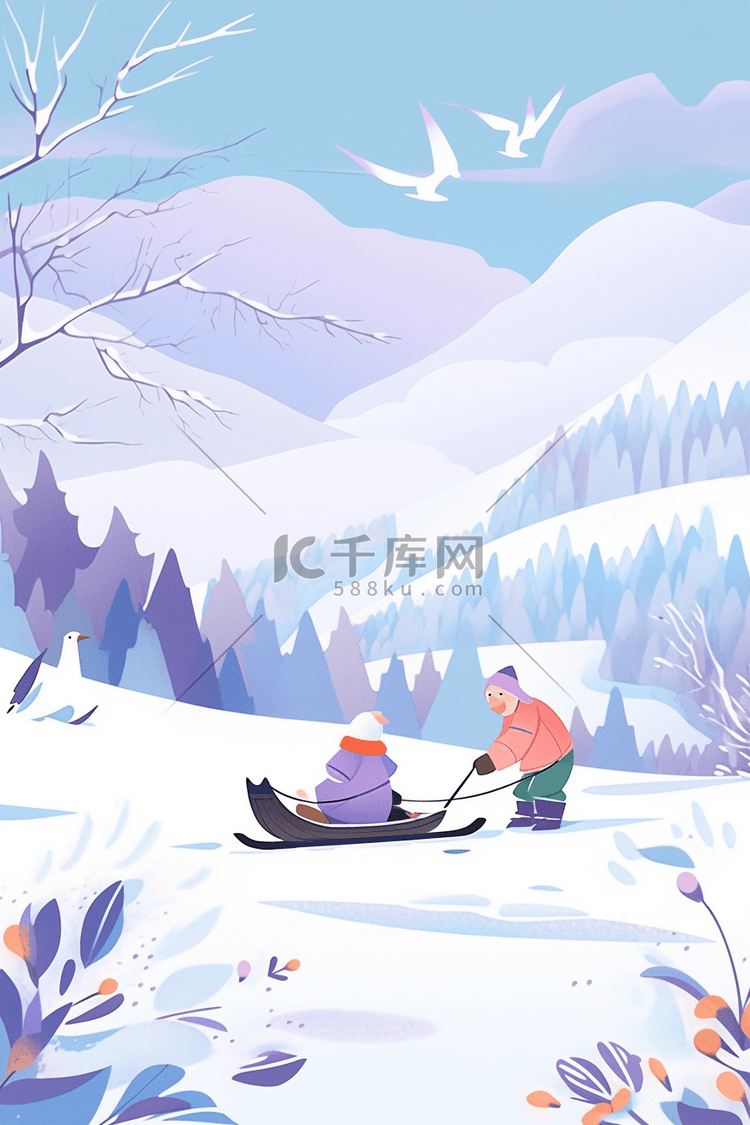 冬天手绘插画海报可爱孩子滑雪