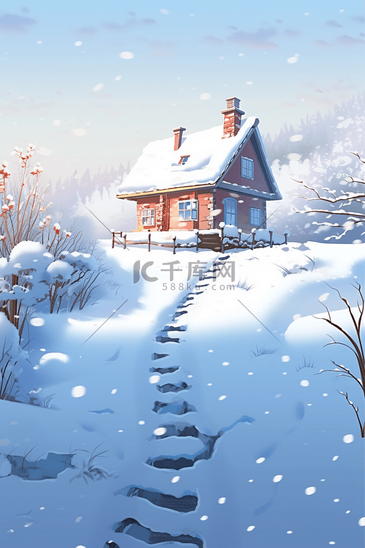冬天雪地海报木屋插画