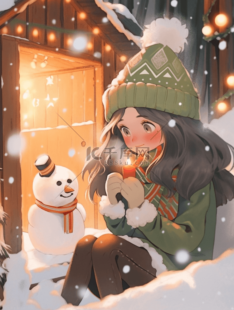 冬天圣诞节可爱女孩木屋手绘插画雪人