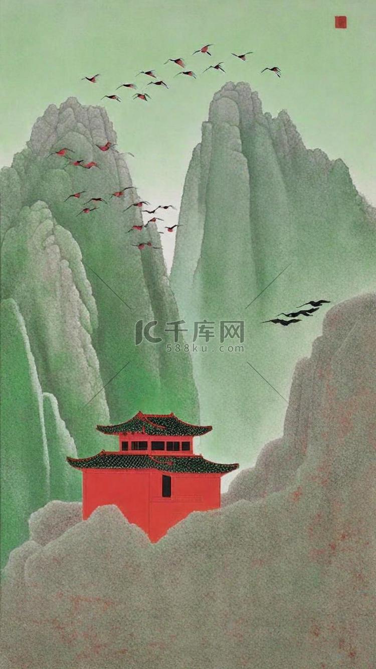 撞色中国风山水肌理磨砂红绿配色山水插画