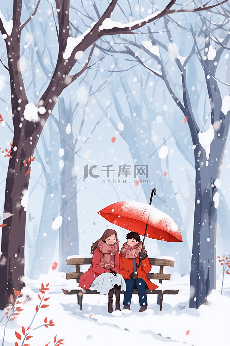 冬天下雪的天空手绘情侣插画