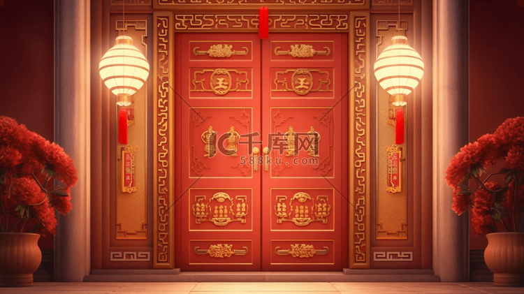 红色新年中国风大门口插画8