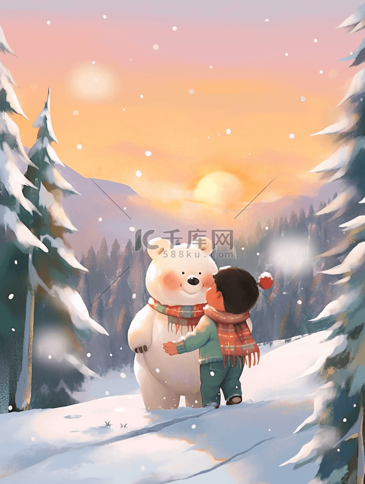 手绘冬天夕阳下男孩拥抱小熊插画