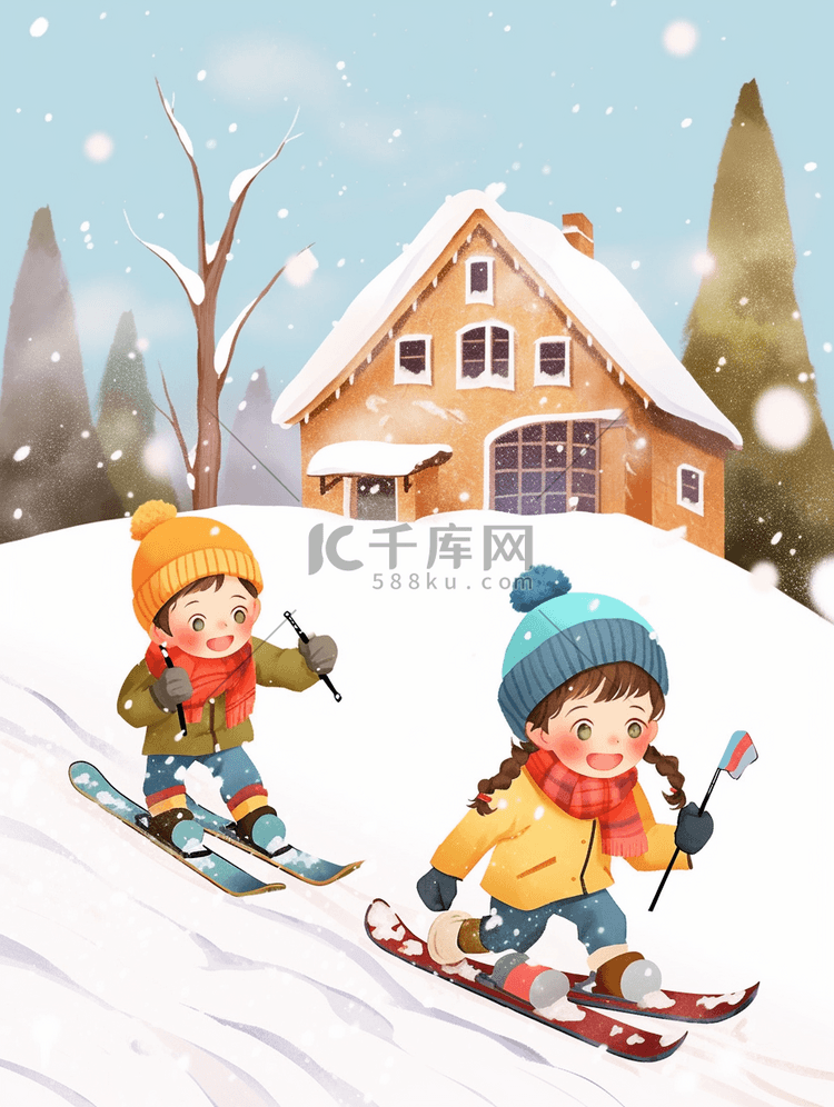 冬天滑雪插画可爱孩子手绘