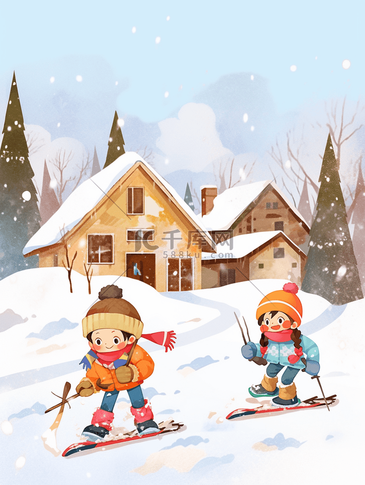 冬天手绘插画可爱孩子滑雪