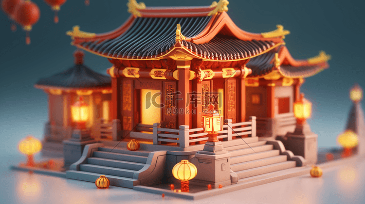 3D立体中国风传统古典建筑房屋插画13