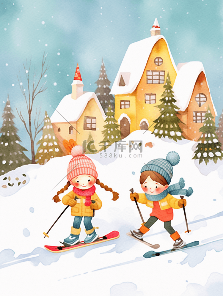 冬天可爱孩子插画滑雪手绘
