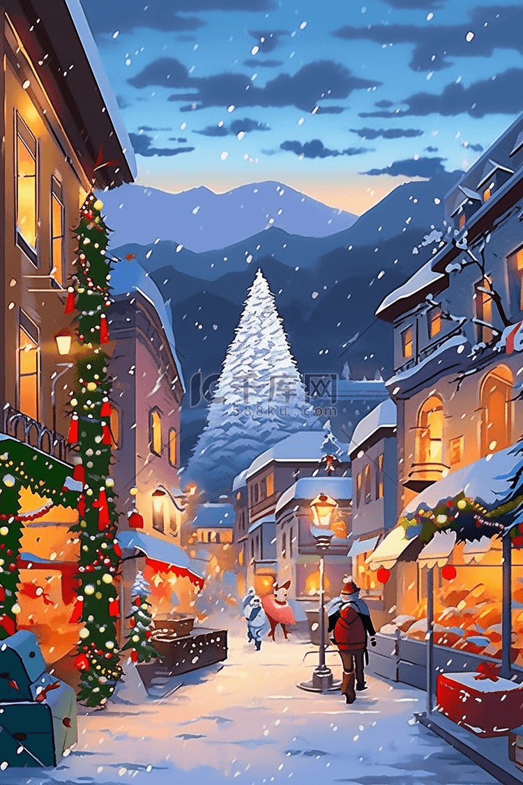 圣诞节冬天小镇圣诞树手绘插画