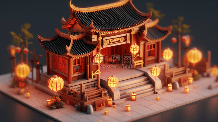 3D立体中国风传统古典建筑房屋插画4