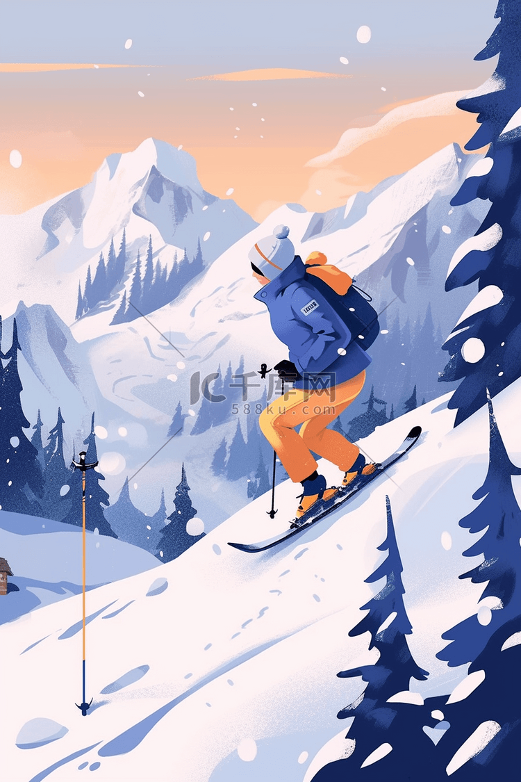 冬天插画男孩雪山滑雪手绘