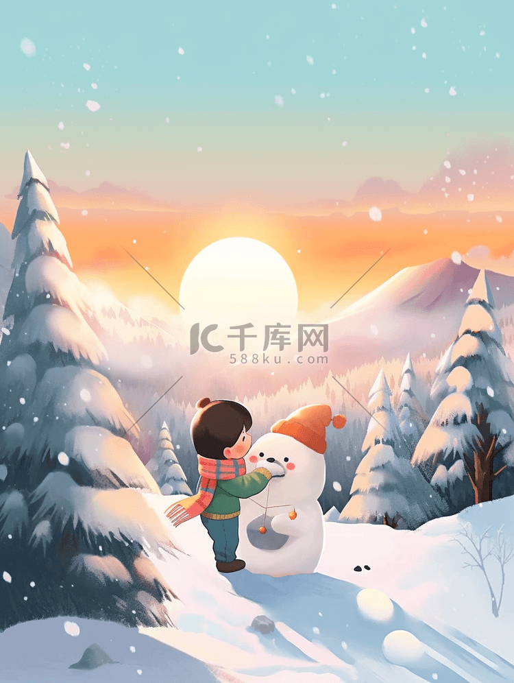 冬天夕阳下手绘男孩拥抱小熊插画