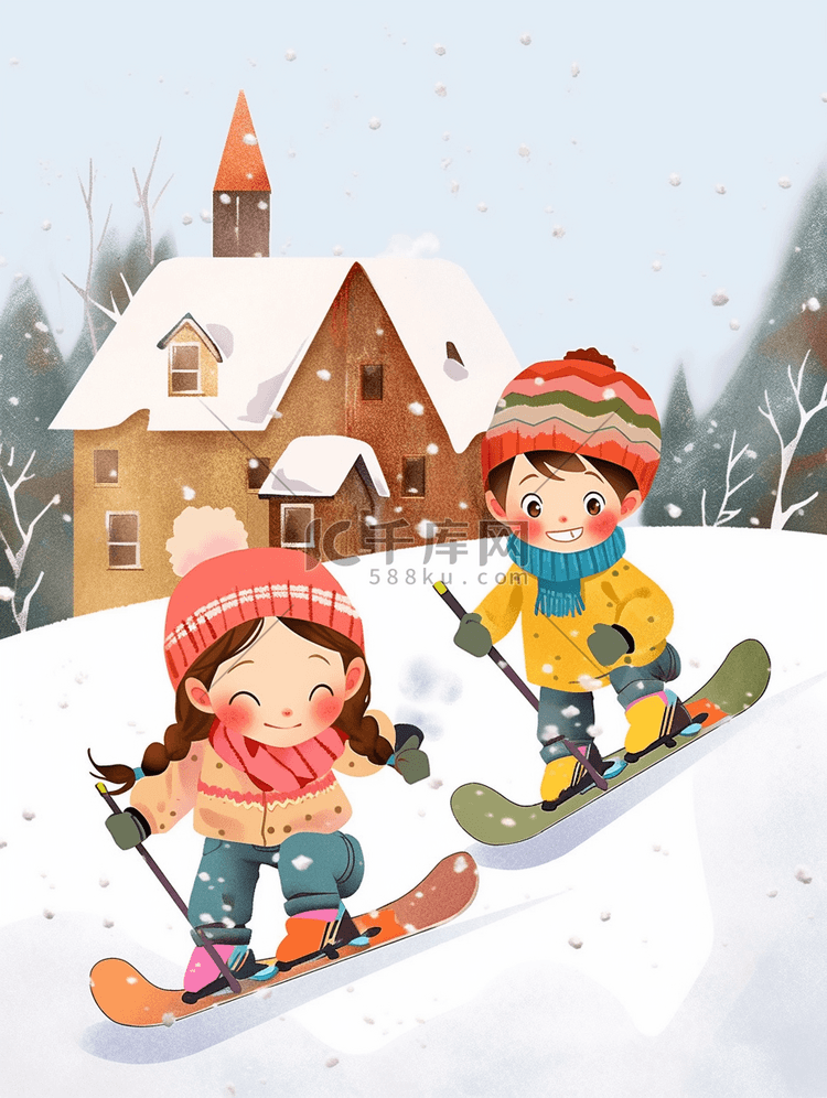 冬天滑雪插画可爱孩子手绘