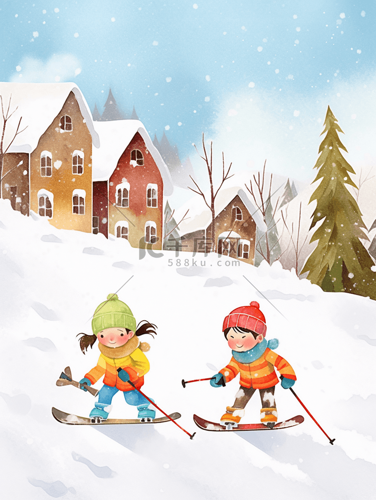 插画可爱孩子滑雪冬天手绘