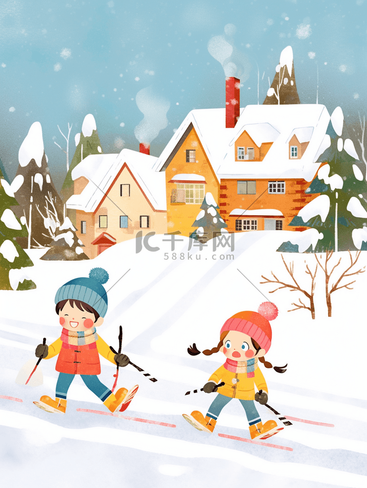 冬天插画滑雪手绘可爱孩子