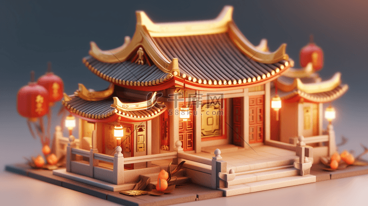 3D立体中国风传统古典建筑房屋插画18