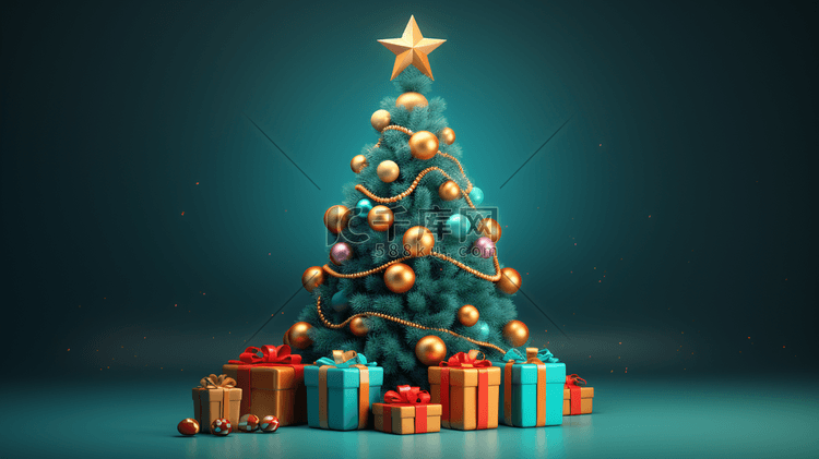 3D圣诞礼物包围的圣诞树插画122