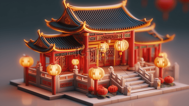 3D立体中国风传统古典建筑房屋插画6
