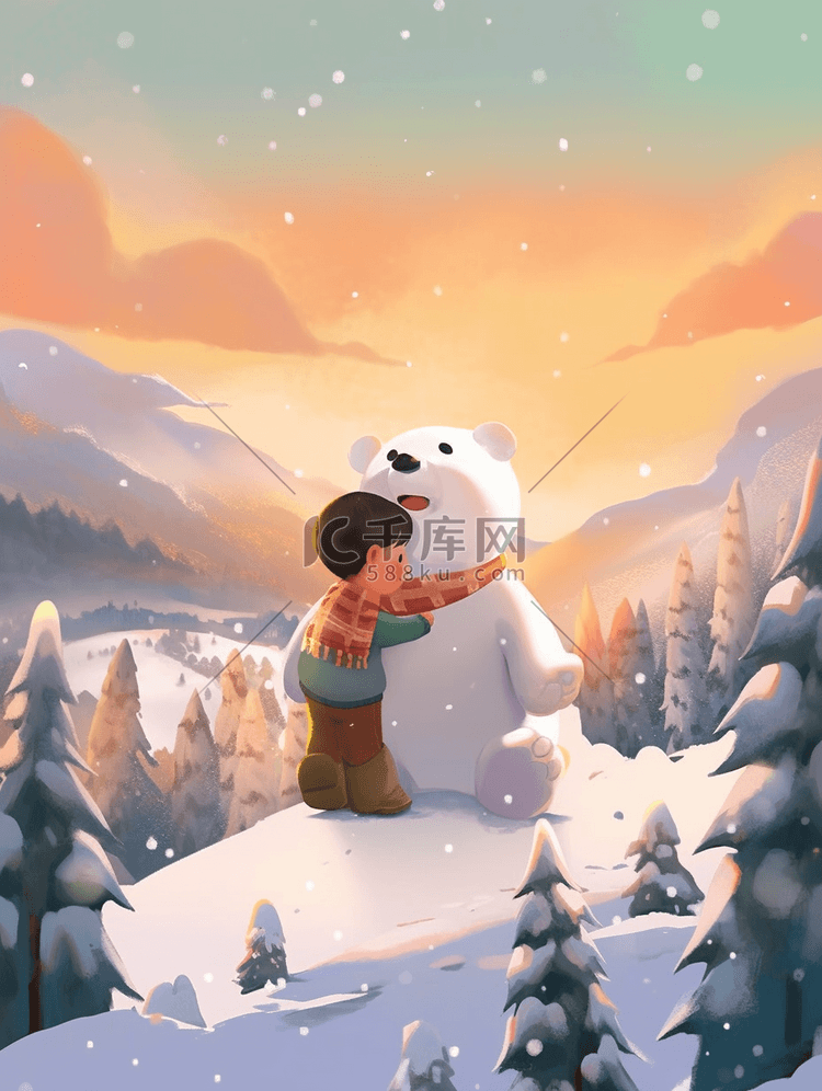 夕阳下男孩拥抱小熊手绘插画冬天
