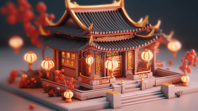 3D立体中国风传统古典建筑房屋插画12