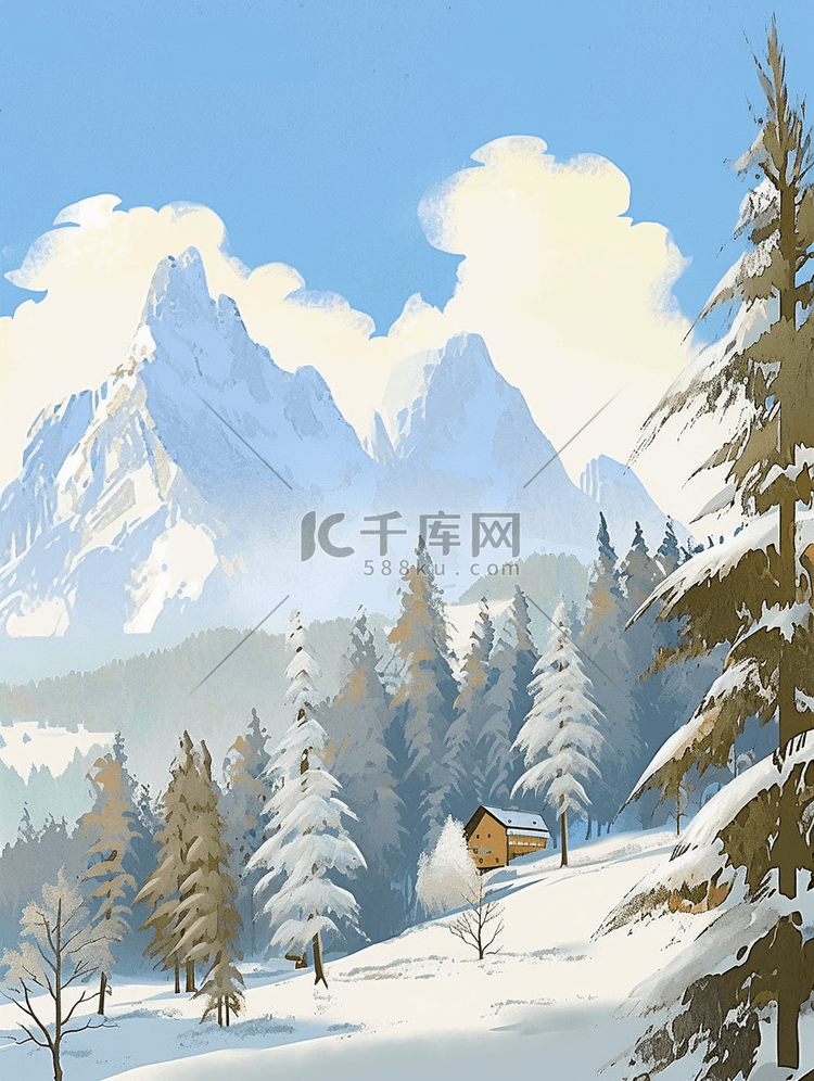 雪山松树风景手绘插画冬天海报