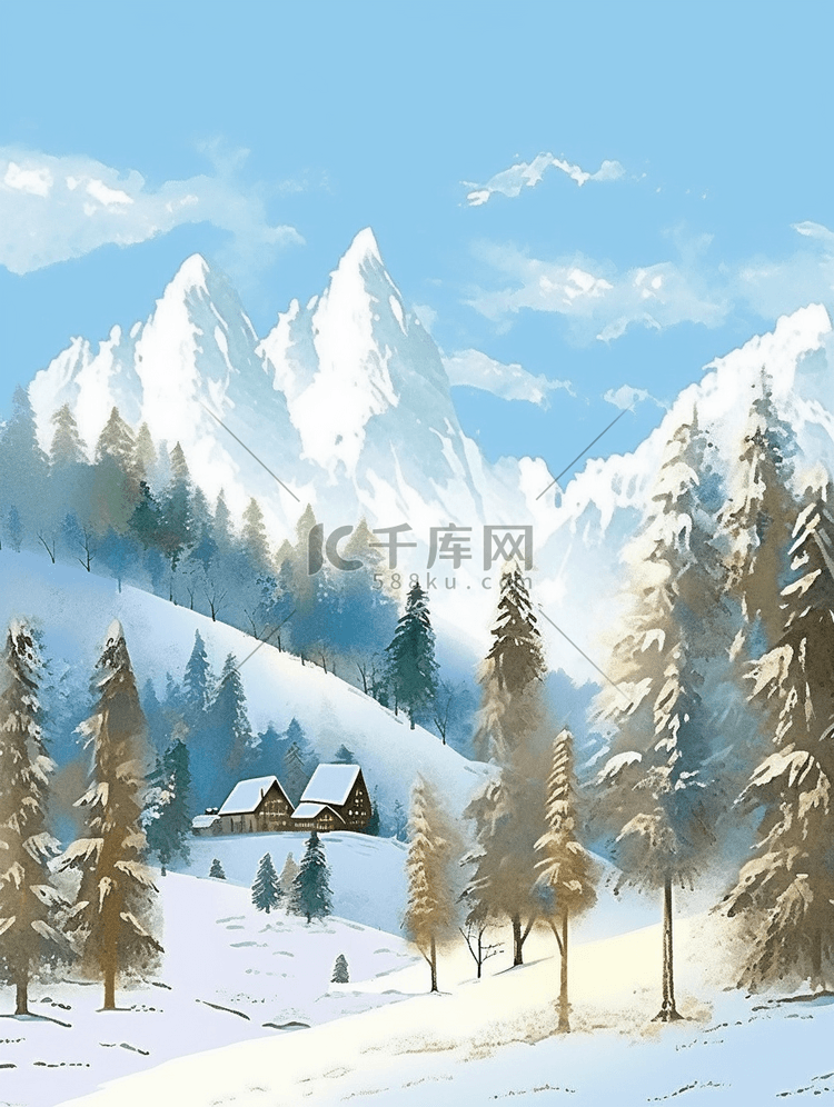 雪山冬天松树风景手绘插画海报