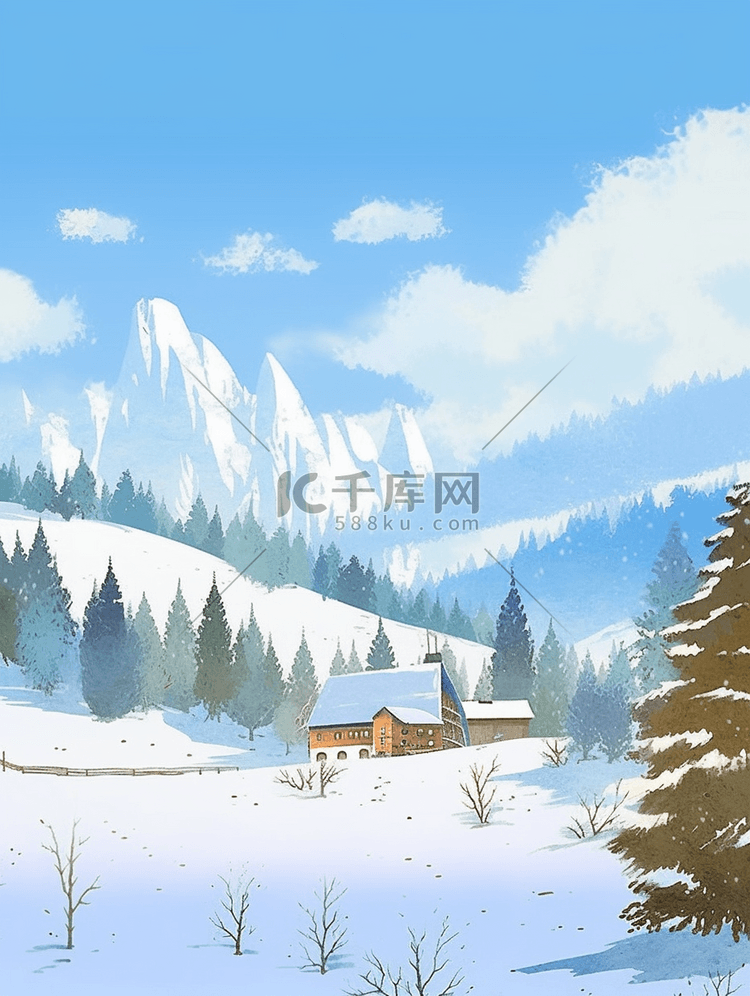 冬天雪山松树风景手绘插画海报
