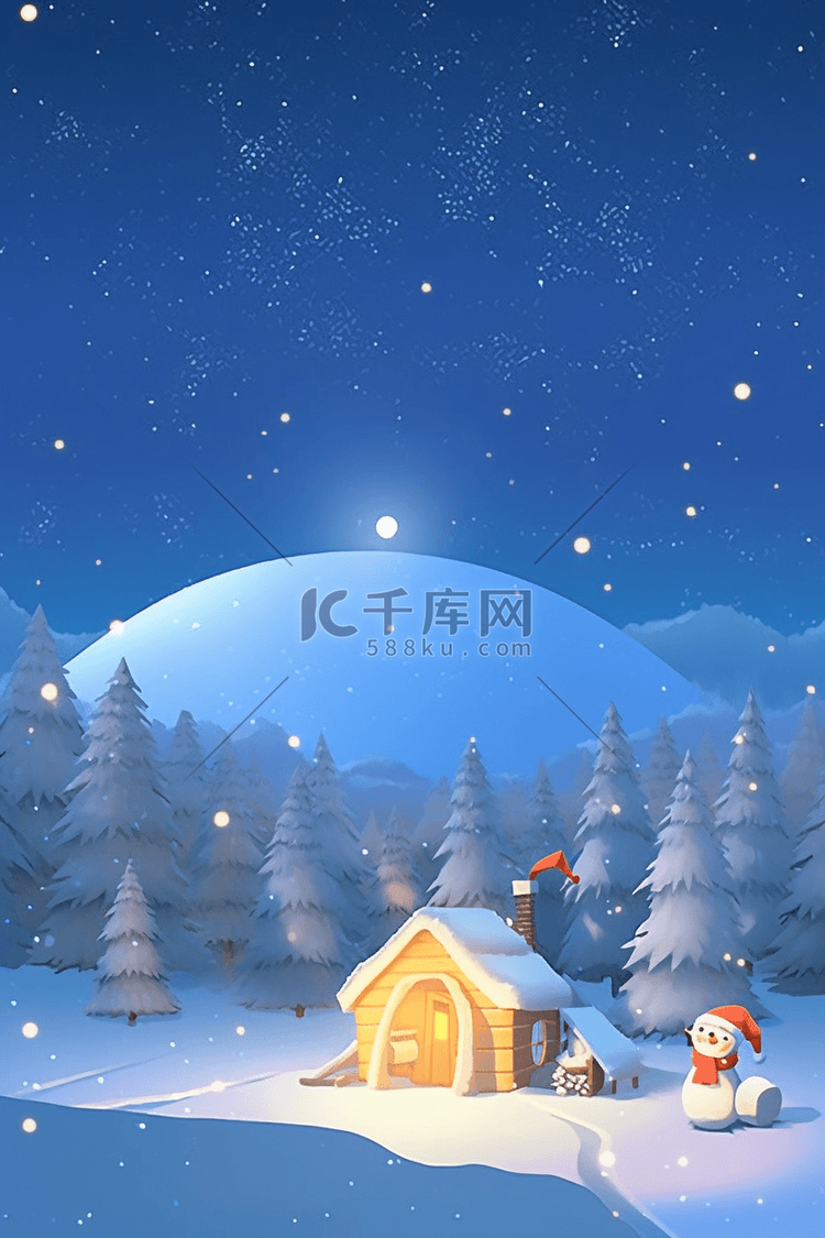 手绘冬天雪地的夜晚插画