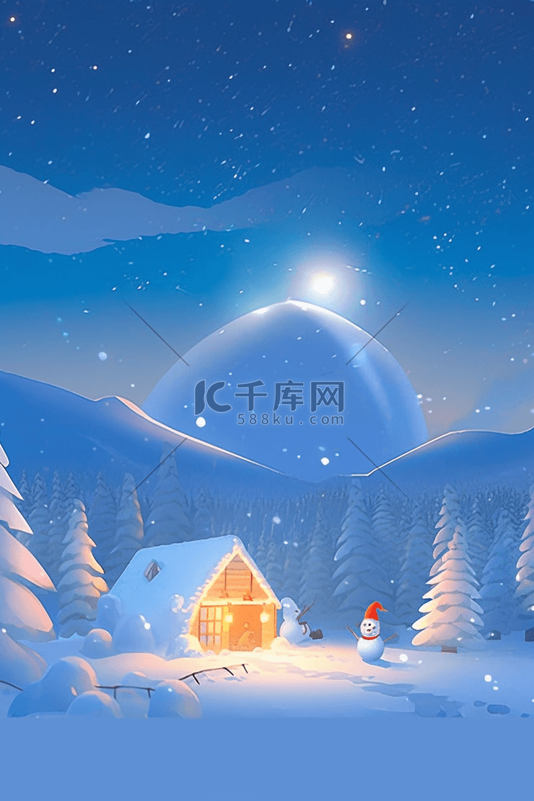 插画冬天雪地的夜晚手绘