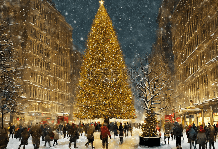 城市圣诞树冬天雪景现代插画