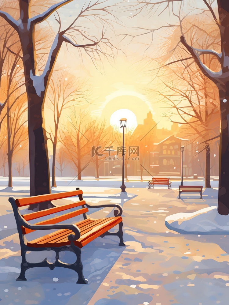 冬天公园清晨的阳光休闲长椅13