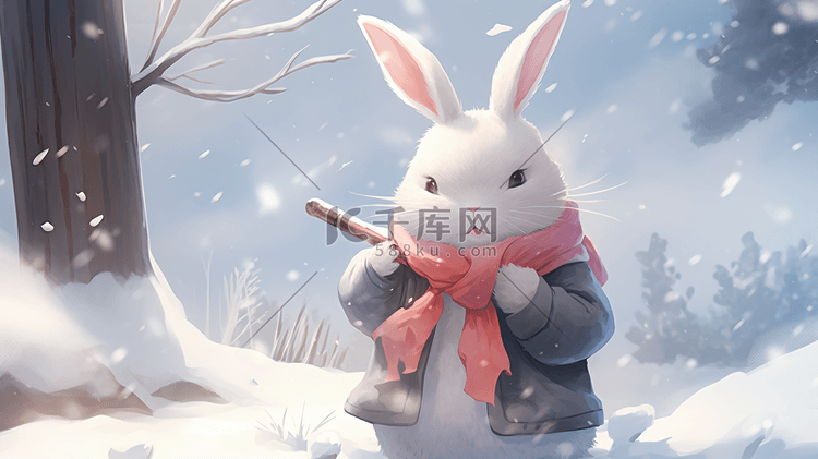 雪地里戴着围巾的小兔子