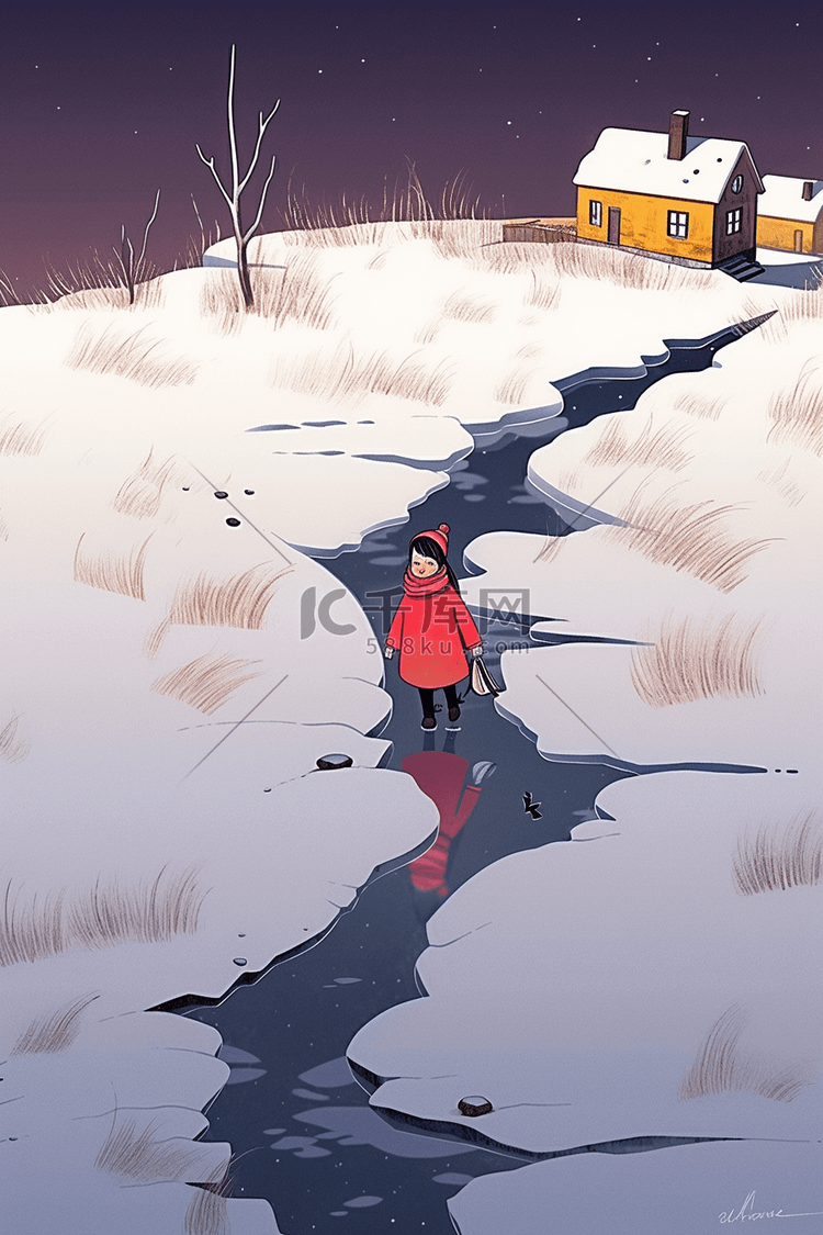 湖面冬天冰冻女孩手绘插画