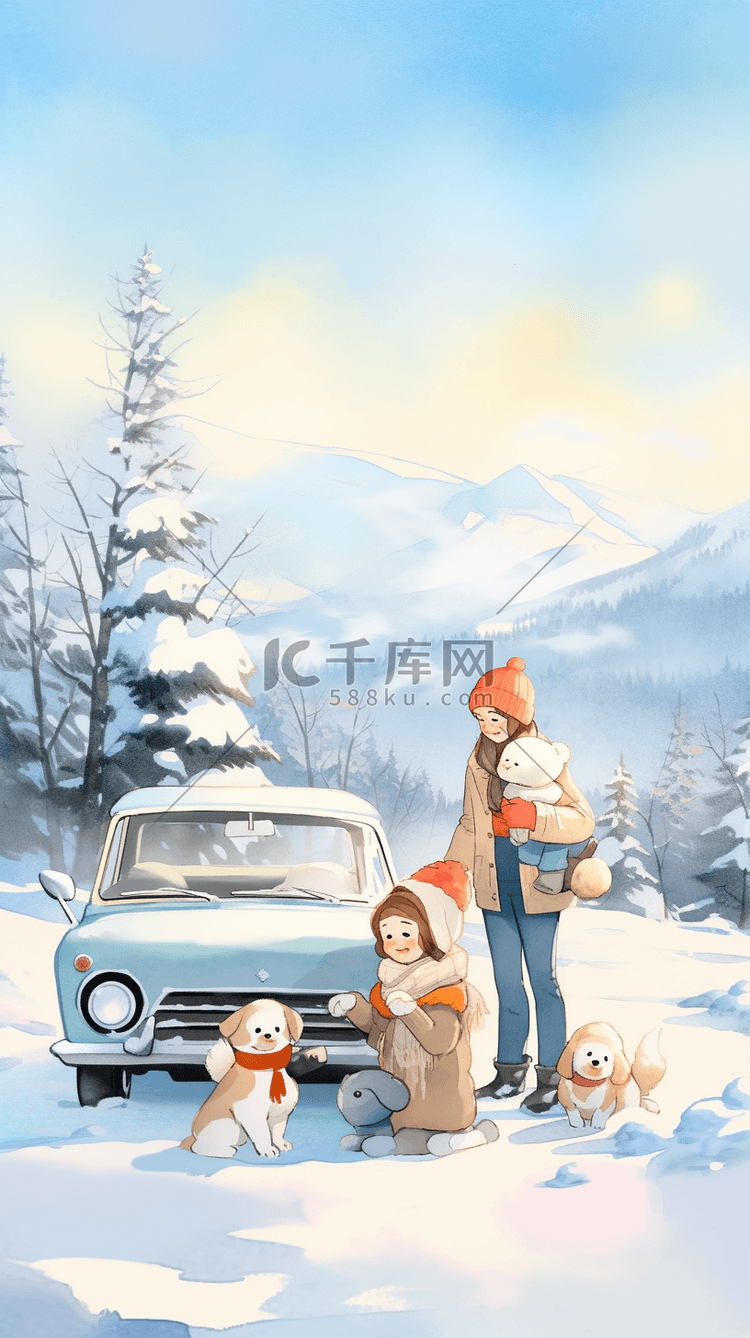 雪景露营冬天插画海报