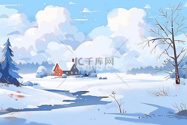 冬天水彩手绘雪景插画