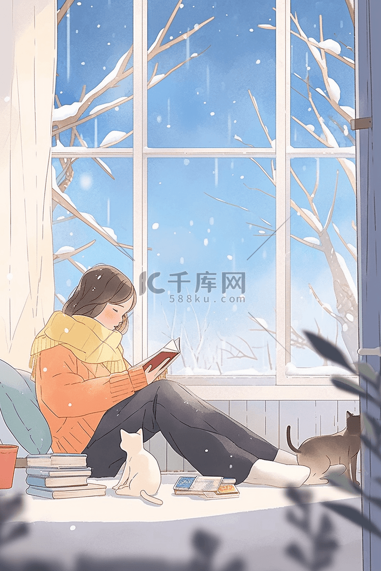 窗前冬日暖阳女孩看书手绘插画