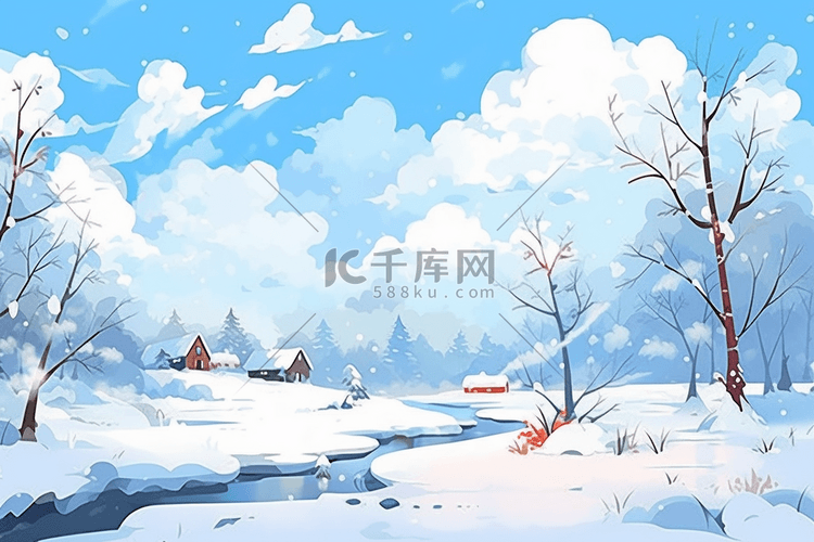 水彩冬天雪景手绘插画