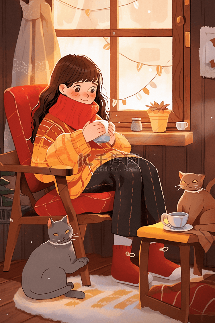 冬天喝咖啡女孩手绘海报插画图片-千库网