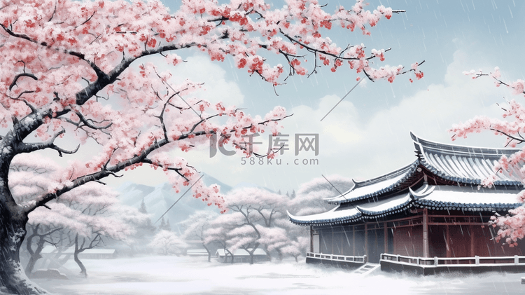 中国古建筑旁的一支红梅盛开插画